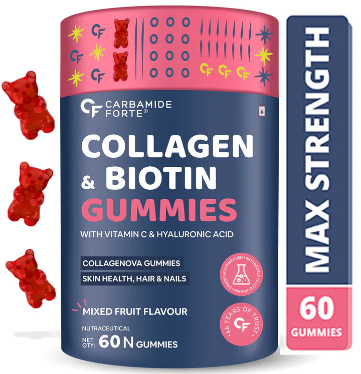 Carbamide Forte Collagen & Biotin Gummies| Collagen Supplements for Women & Men for Skin & Hair - Mixed Fruit Flavour - 60 Gummies