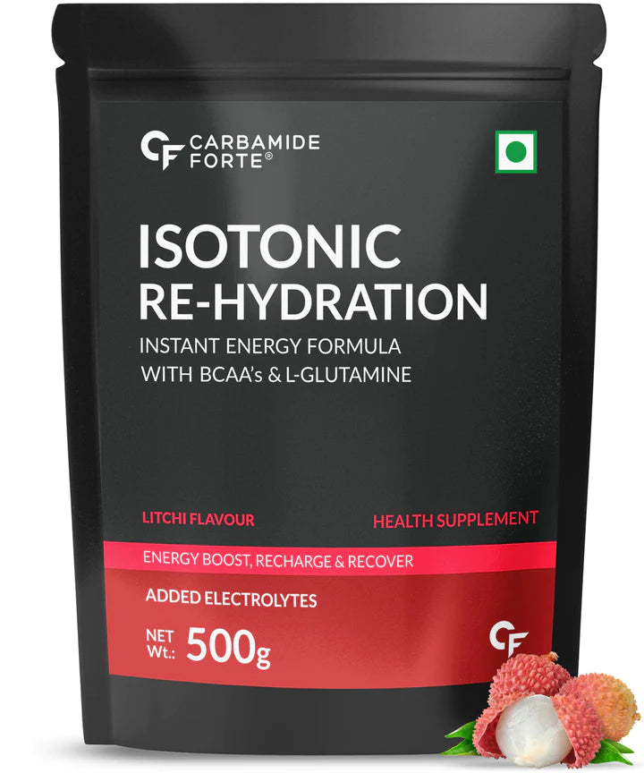 Carbamide Forte Isotonic Powder | Instant Energy Drink for Workout | Electrolyte Powder with added BCAA & L Glutamine - Litchi Flavour - 500gm