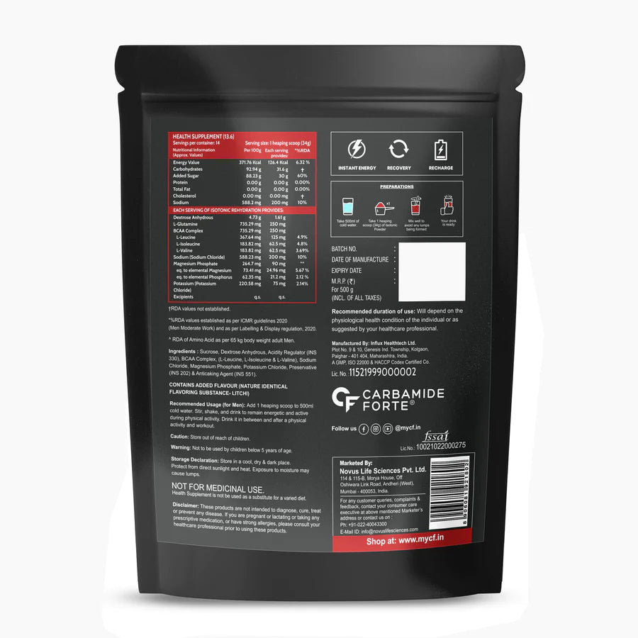 Carbamide Forte Isotonic Powder | Instant Energy Drink for Workout | Electrolyte Powder with added BCAA & L Glutamine - Litchi Flavour - 500gm