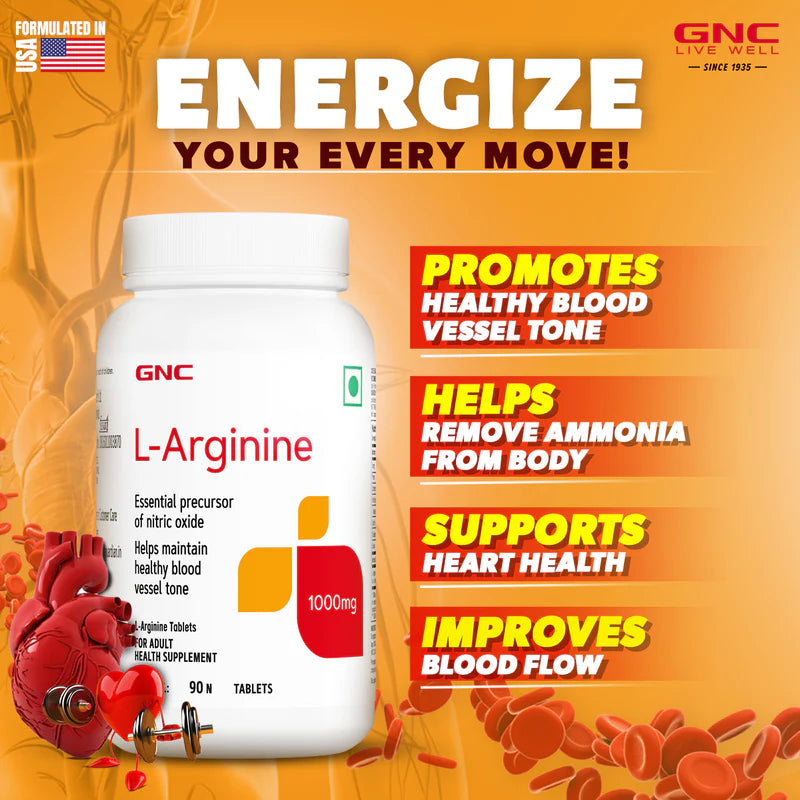 GNC L-Arginine 1000mg Boosts Energy & Endurance | Improves Blood Flow 90 Tablets