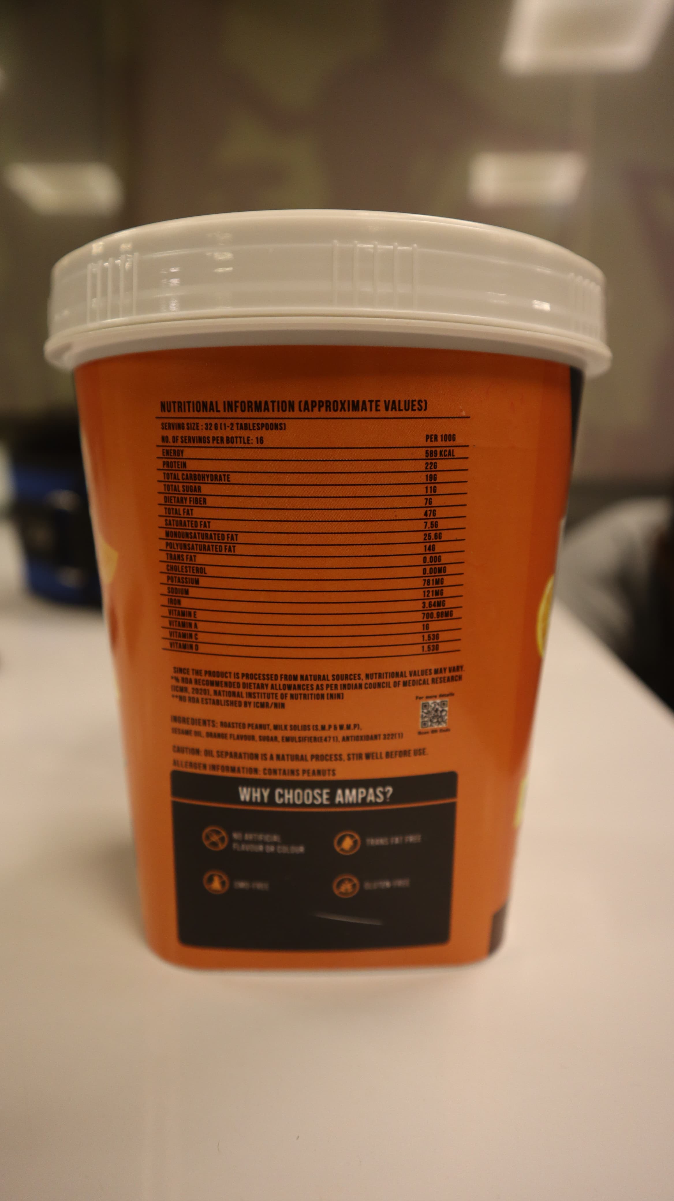 Ampas Nutrition 100% Natural High Protein Peanut Butter (Orange With Vitamin C) 1Kg