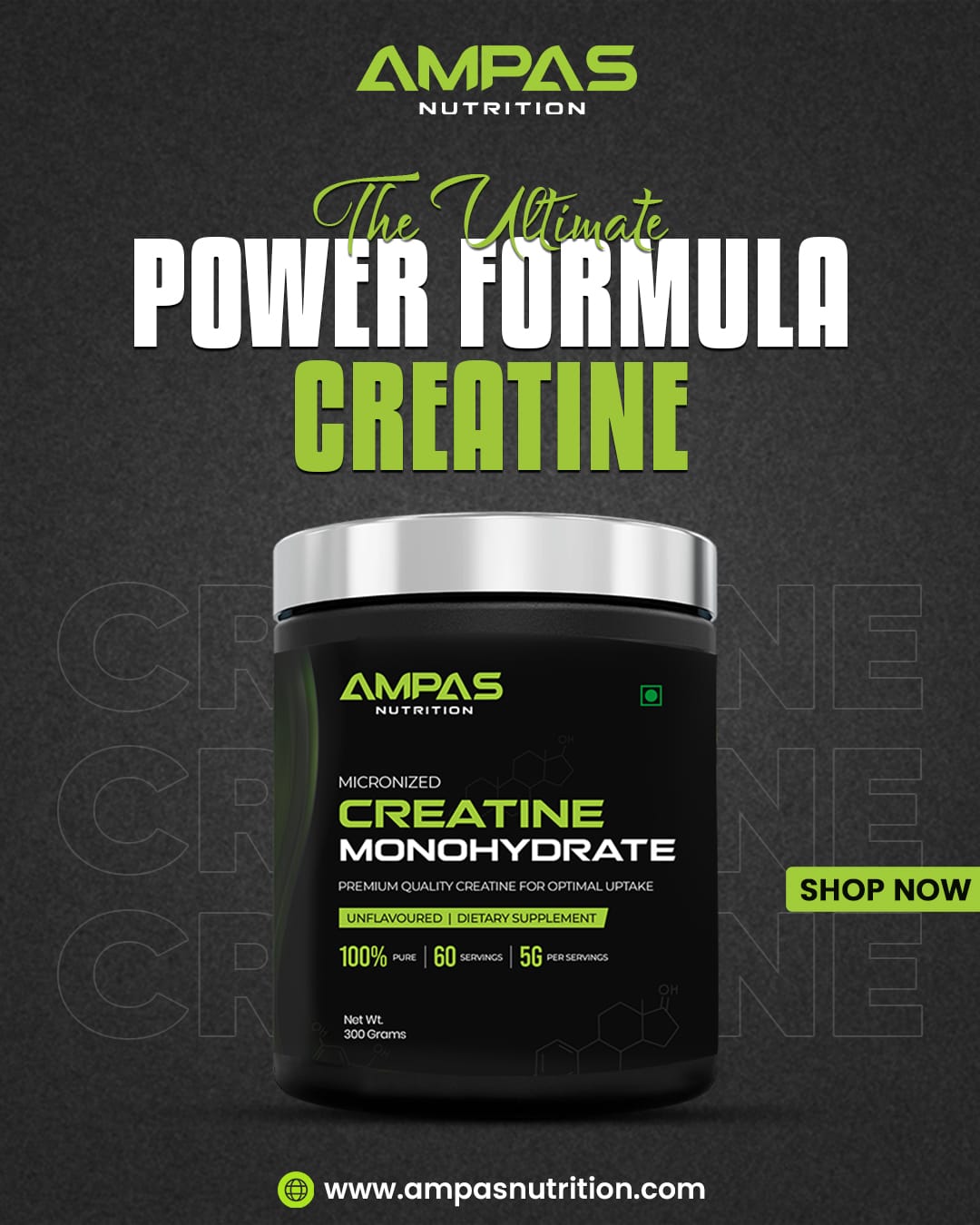 Ampas Nutrition Creatine Monohydrate 60ser, 5gram, 300gram