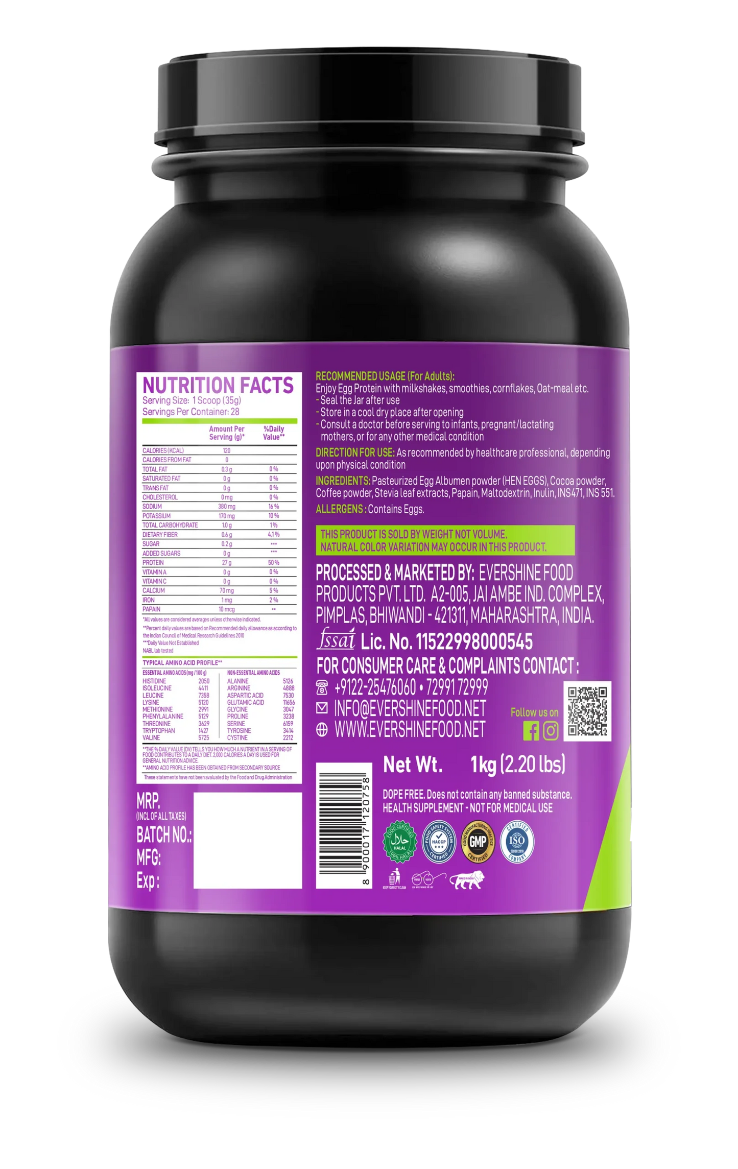R.U.N Rise Up Nutrition 100% Egg Albumen Powder 2.20lbs, 1kg